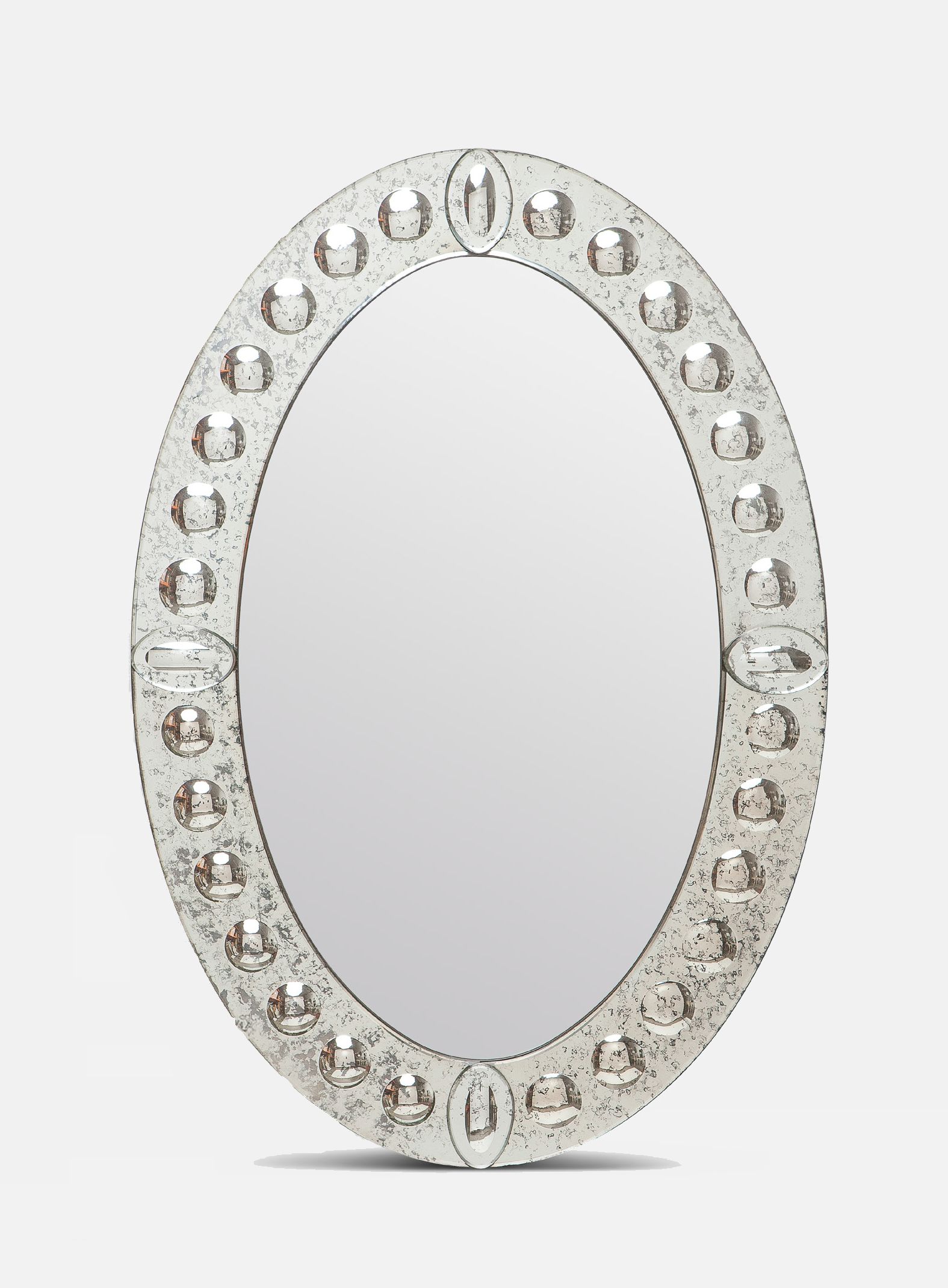 Oval Venetian style mirror with antique finish and back etched circles