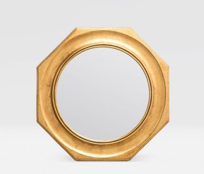 Large gold-framed mirror with an octagonal shape and a hexagon within a circle, set against a white background.