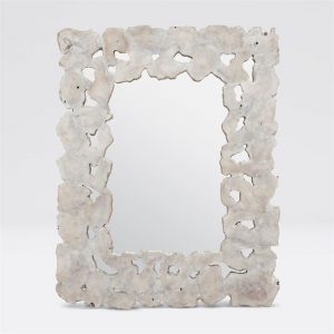 Whitewashed teak mirror with a unique, abstract design, each piece varying in pattern and shape.