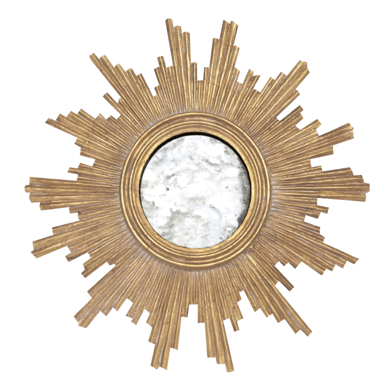 The image displays a decorative wall mirror with an intricate starburst design featuring radiating patterns that resemble rays of light emanating from