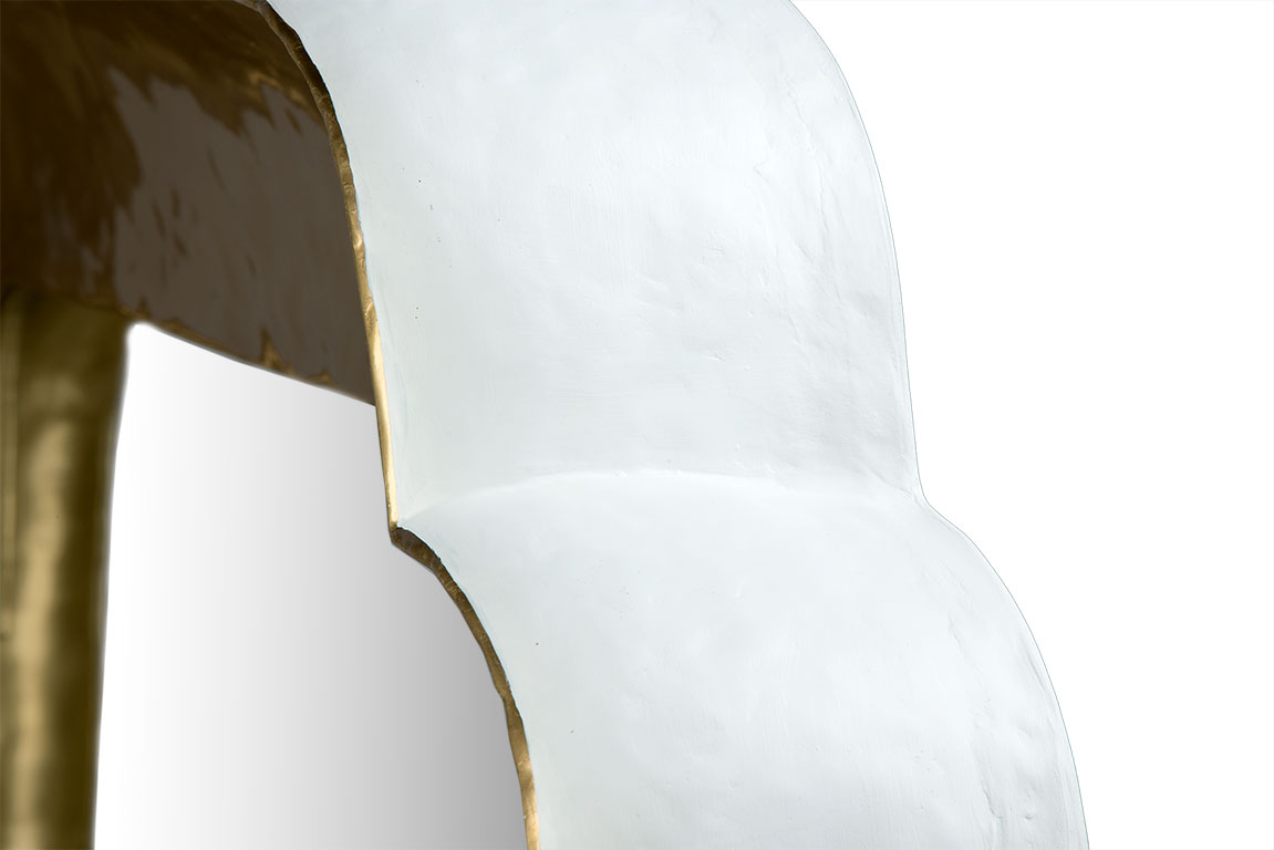 Small clipped corner mirror with white outside and gold inside, also available in silver with white outside.