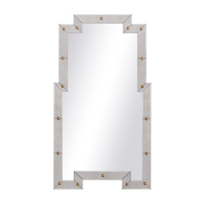 Large rectangular mirror with a metallic frame, featuring copper rivets and D-rings for vertical hanging, set against a white background.