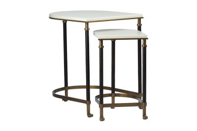 A brass and ivory lacquered nesting table set, featuring three tables with curved legs and a modern design.