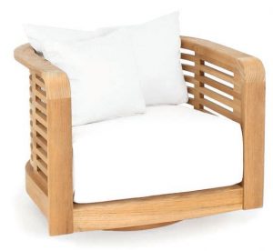 Wooden outdoor armchair with curved backrest and white cushion, positioned against a neutral background.