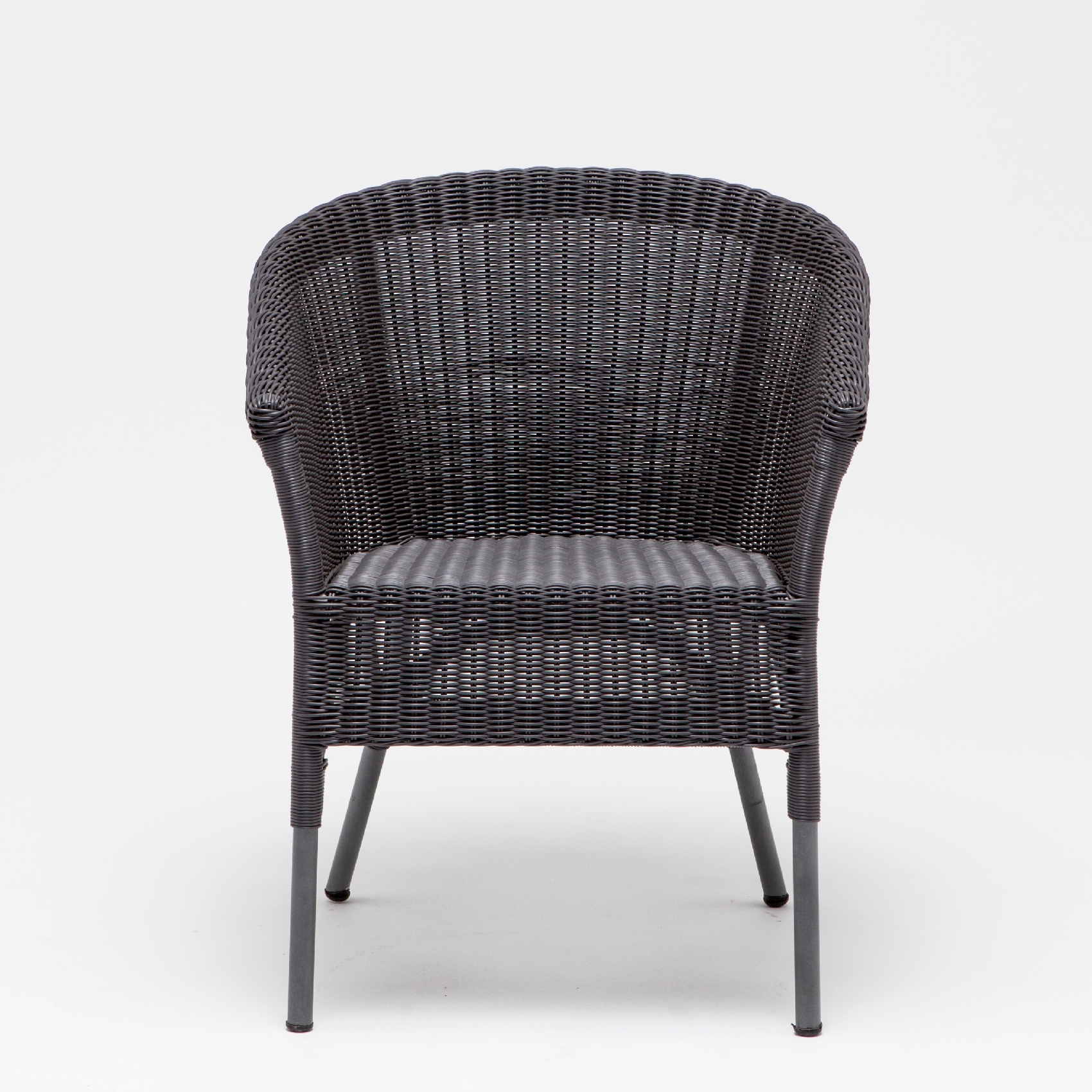 Black wicker outdoor armchair with a rounded back, positioned against a white background.