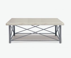 Light gray concrete outdoor coffee table with a metal cross beam base.