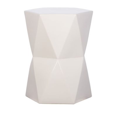 A white hexagonal ceramic garden stool with a modern design, available in blue, yellow, gunmetal or white.