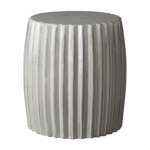 Hand-fired ceramic pleated garden stool with a unique texture and glaze pitting, available in grey or blue, displayed from a side angle.
