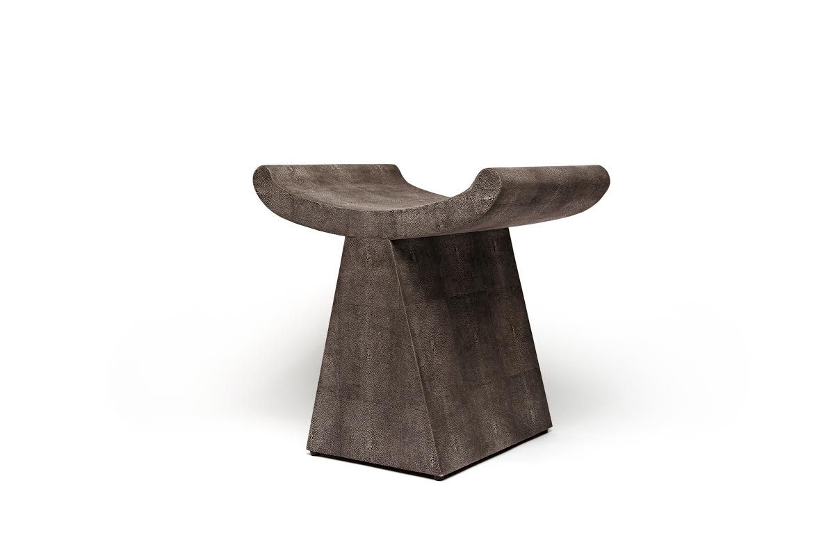 Anni Art Deco Stool in Cool Grey Faux Shagreen, standing alone against a white background.