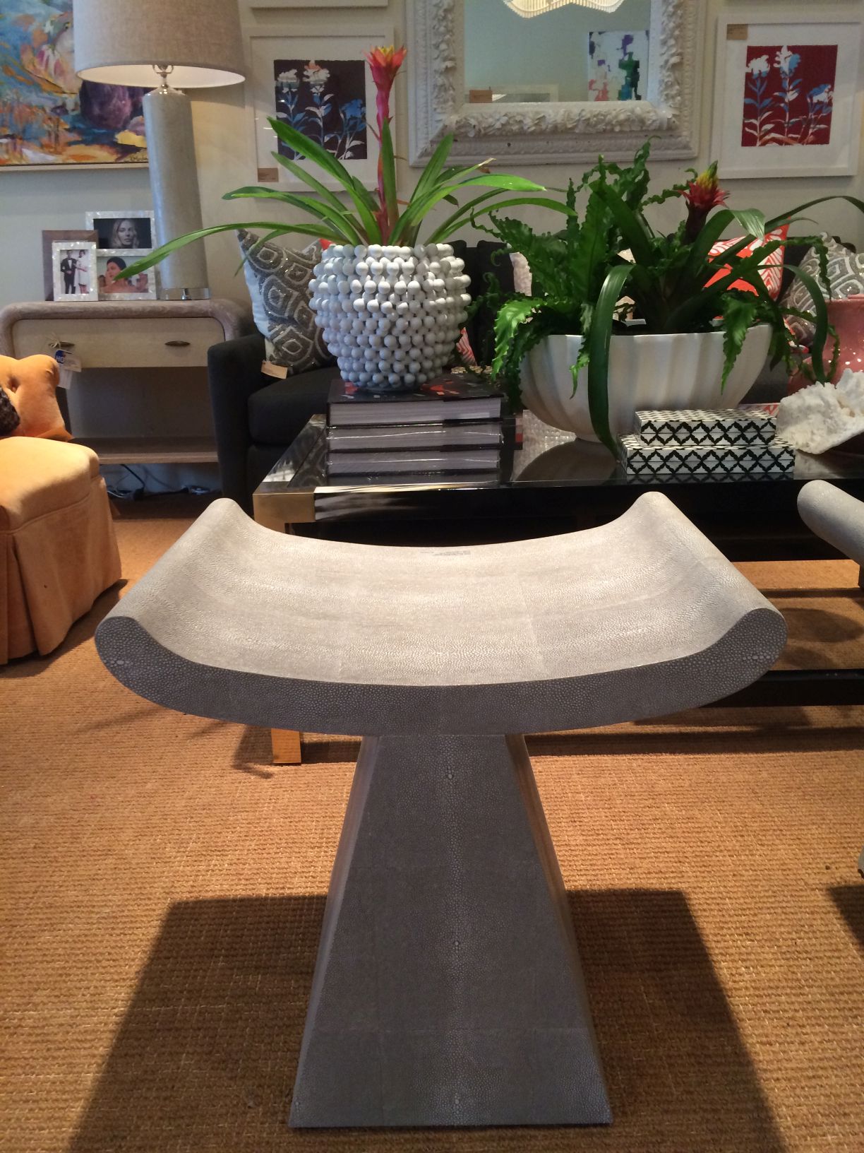 Anni Art Deco Stool in Cool Grey Faux Shagreen, also available in Mushroom, Sand, Navy or Ivory Faux Shagreen.