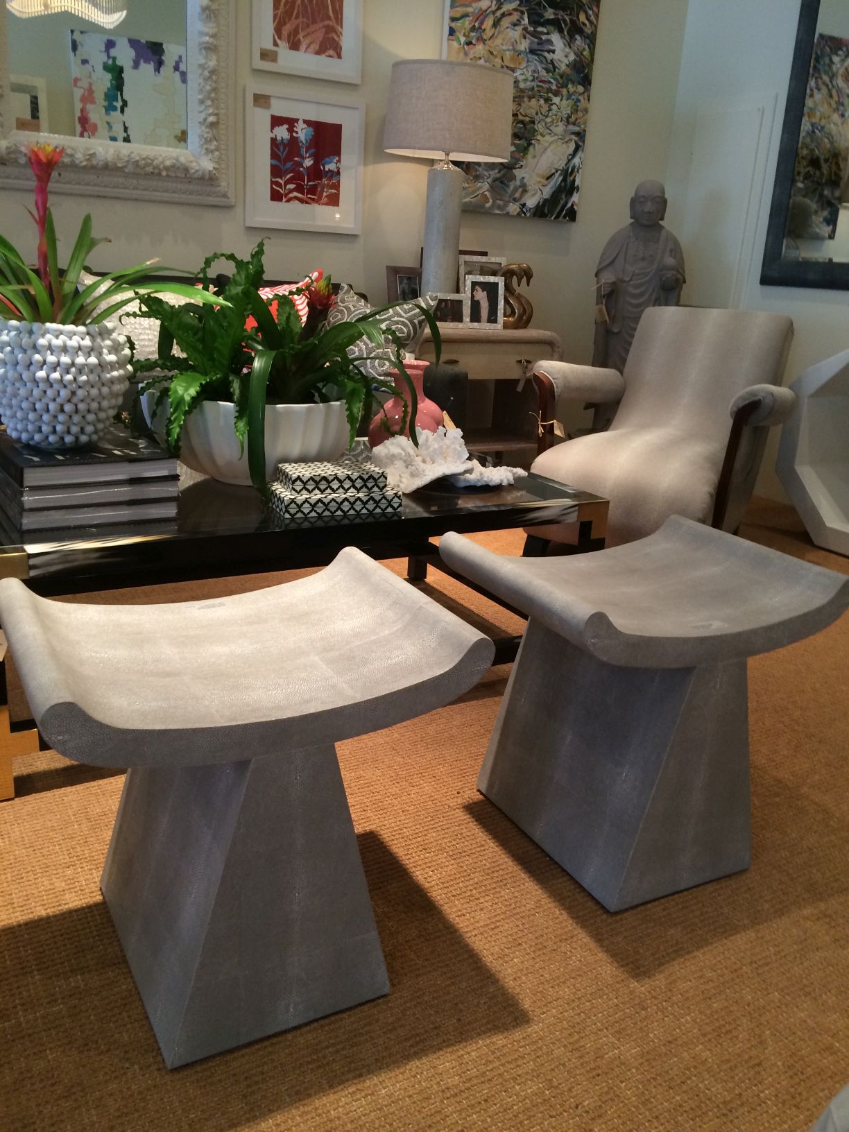 Anni Art Deco Stool in Cool Grey Faux Shagreen, also available in Mushroom, Sand, Navy or Ivory Faux Shagreen.