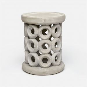 Dohnet Concrete Outdoor Stool, featuring a circular pattern and available in three colors: flat white, light gray, or distressed gray.