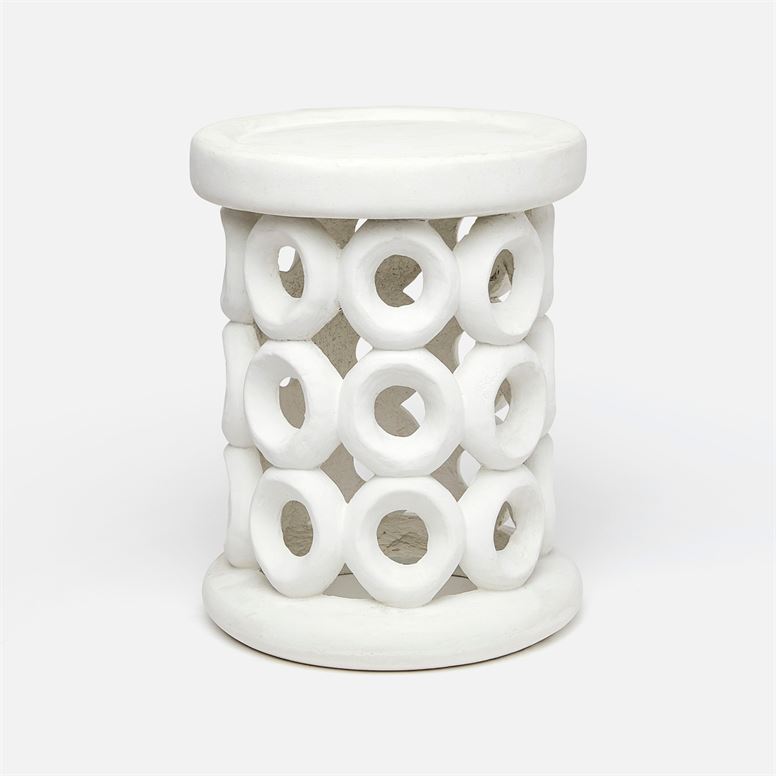 Dohnet Concrete Outdoor Stool in Reconstituted Stone, available in Flat White, Light Gray or Distressed Gray.