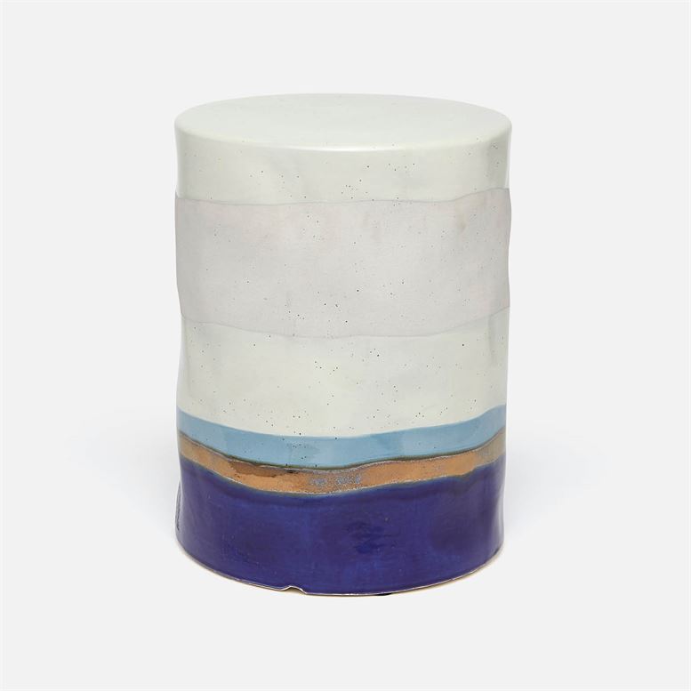 Ceramic stool with layered blue and white colors, showcasing a modern design.