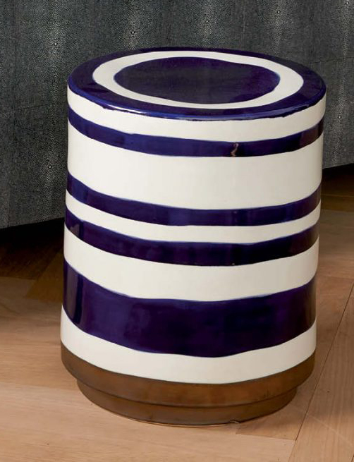 Blue and white striped ceramic stool with metallic glazed bottom