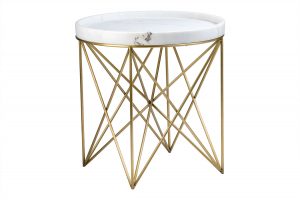 A square side table with a white marble top and gold metal frame.