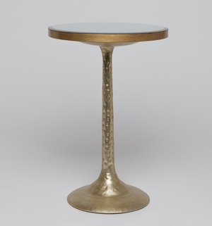 Small bistro side table with gold base and antiqued mirror top, presented in a close-up shot against a neutral background.