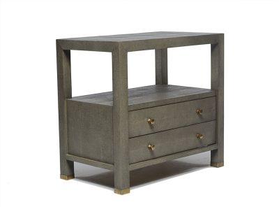 A dark wood nightstand with a metallic finish, featuring two drawers and brass hardware.