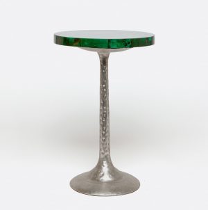 A silver metal base with a green marble top, showcasing the Bingley Level 3 Small Bistro Side Table in a close-up view.