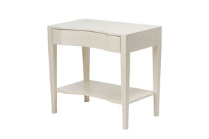 White nightstand with curved front and single drawer, set against a white background.