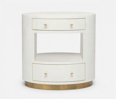 Large, white nightstand with brass accents and two drawers, featuring an open back middle shelf, set against a neutral background.