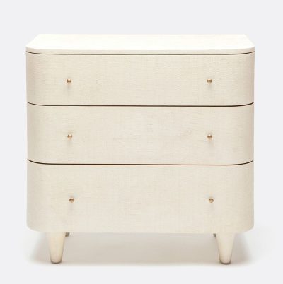 Large ivory nightstand with a faux raffia finish, featuring rounded corners and tapered legs.