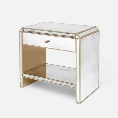 Large Tessa Antiqued Mirror Side Table with clipped corners in Art Deco style, featuring a Palladian silver finish.