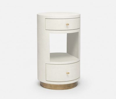 Small round nightstand with brass accents and two drawers, open back middle shelf