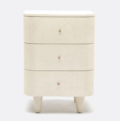 Small nightstand with a beige faux raffia finish, featuring three drawers, each with a single knob, and tapered legs.