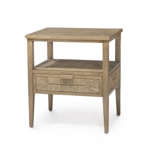 A light brown wooden side table with a woven basket drawer, set against a white background.