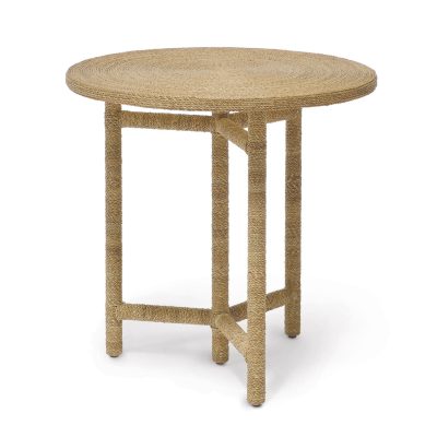 Round wicker side table with a natural brown finish, featuring a braided design and four legs.