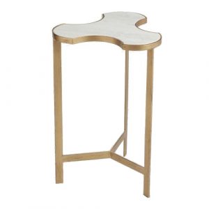 Small side table with a gold frame and a white stone top featuring an interlocking design that can be connected to multiple