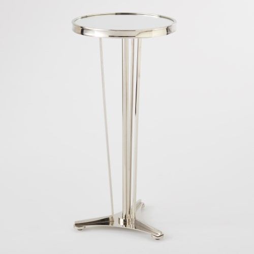 French modern side table with a nickel finish and a mirrored top.