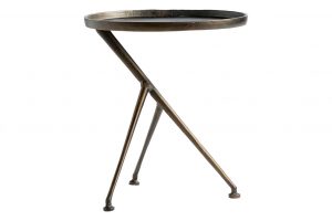 Rust cast aluminum tripod side table, suitable for indoor or outdoor use, available in antiqued rust or raw brass finish.