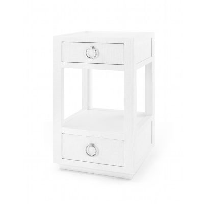 White lacquered raffia side table with two drawers, full extension glides, and a chrome pull handle.