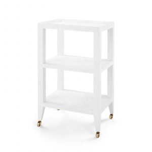 White three-tiered side table with brass castors, featuring a woven texture and a modern design.