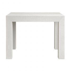A small, rectangular side table with a white woven texture and straight legs.