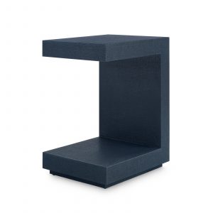 Tall, modernist side table with a navy blue lacquered finish.