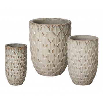 Three ceramic pine cone planters in different sizes displayed against a white background The largest one is on the left followed by