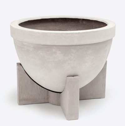 A light grey concrete planter on a three legged stand, with no drain holes and weighing 48 pounds.