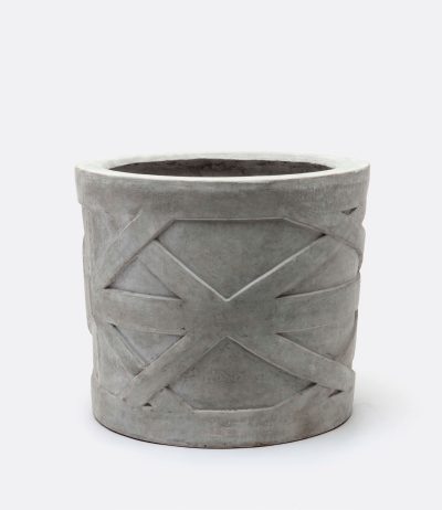 Grey concrete planter with a cross pattern design